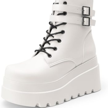 Women Platform Combat Ankle Boots Goth Chunky High Heel Lace Up Motorcycle Booties