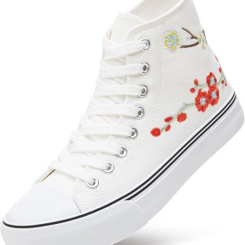 Womens High Top Canvas Sneakers,Black White Embroidery Canvas Shoes for Women,Fashion Casual Tennis Walking Shoes