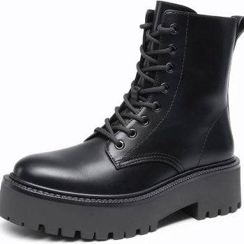 Women's Platform Combat Ankle Boots Fashion Lace-up Short Booties with Lug Sole and Side Zipper