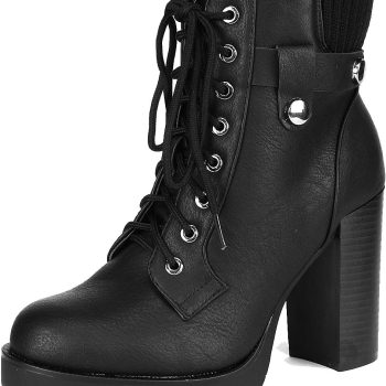 Women's Lace up Combat Ankle Boots High Chunky Heel Fashion Heeled Booties Shoes