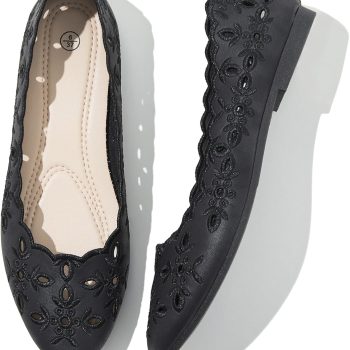 Women's Comfortable Dress Shoes Ballet Flats Slip On Shoes Black Flats Round Toe PU Leather Flats Summer with Floral Eyelets