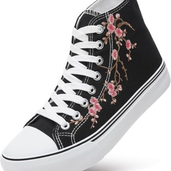 Womens High Top Canvas Sneakers,Black White Embroidery Canvas Shoes for Women,Fashion Casual Tennis Walking Shoes