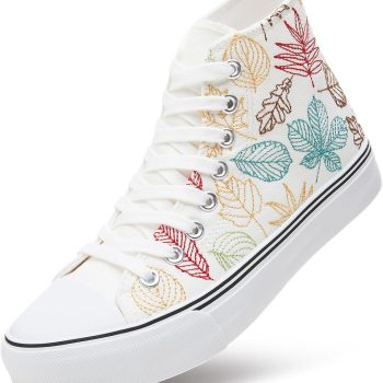 Womens High Top Canvas Sneakers,Black White Embroidery Canvas Shoes for Women,Fashion Casual Tennis Walking Shoes