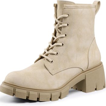 Combat Boots Womens Ankle Boots Low Block Heel Fashion Chunky Short Platform Dress Boots for Women Round Toe Lace Up Boots Ladies Comfortable Cute Stylish Casual Work Lug Sole Booties